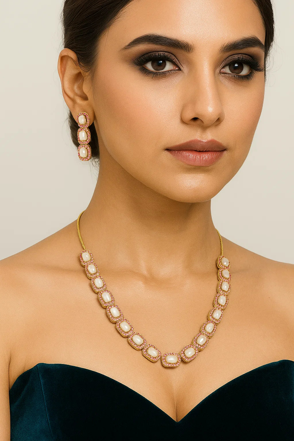 Ruby Border Kundan Necklace Set with Matching Earrings Gold Finish