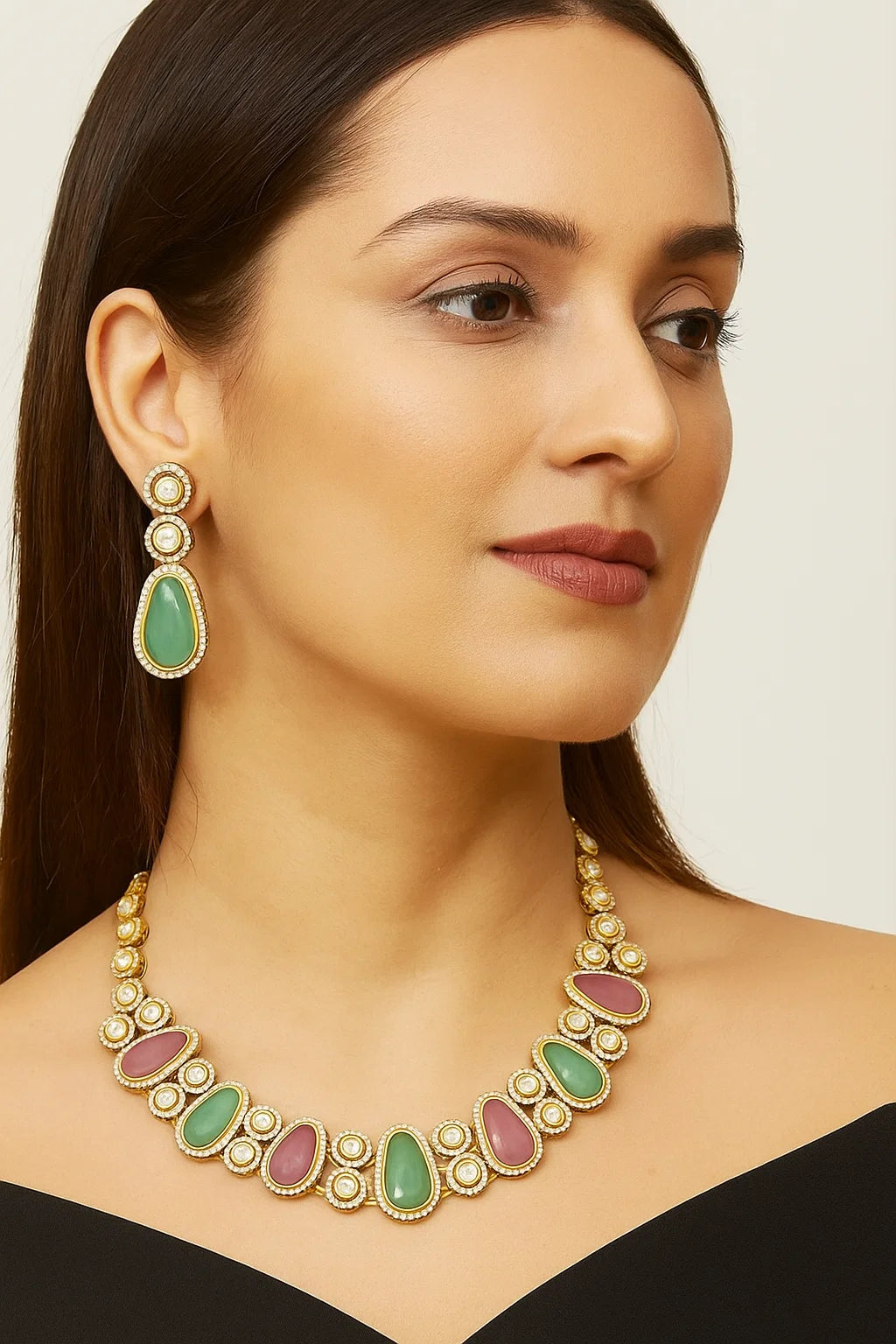 Dual Tone Green & Pink Kundan Necklace Set with Earrings Gold Finish