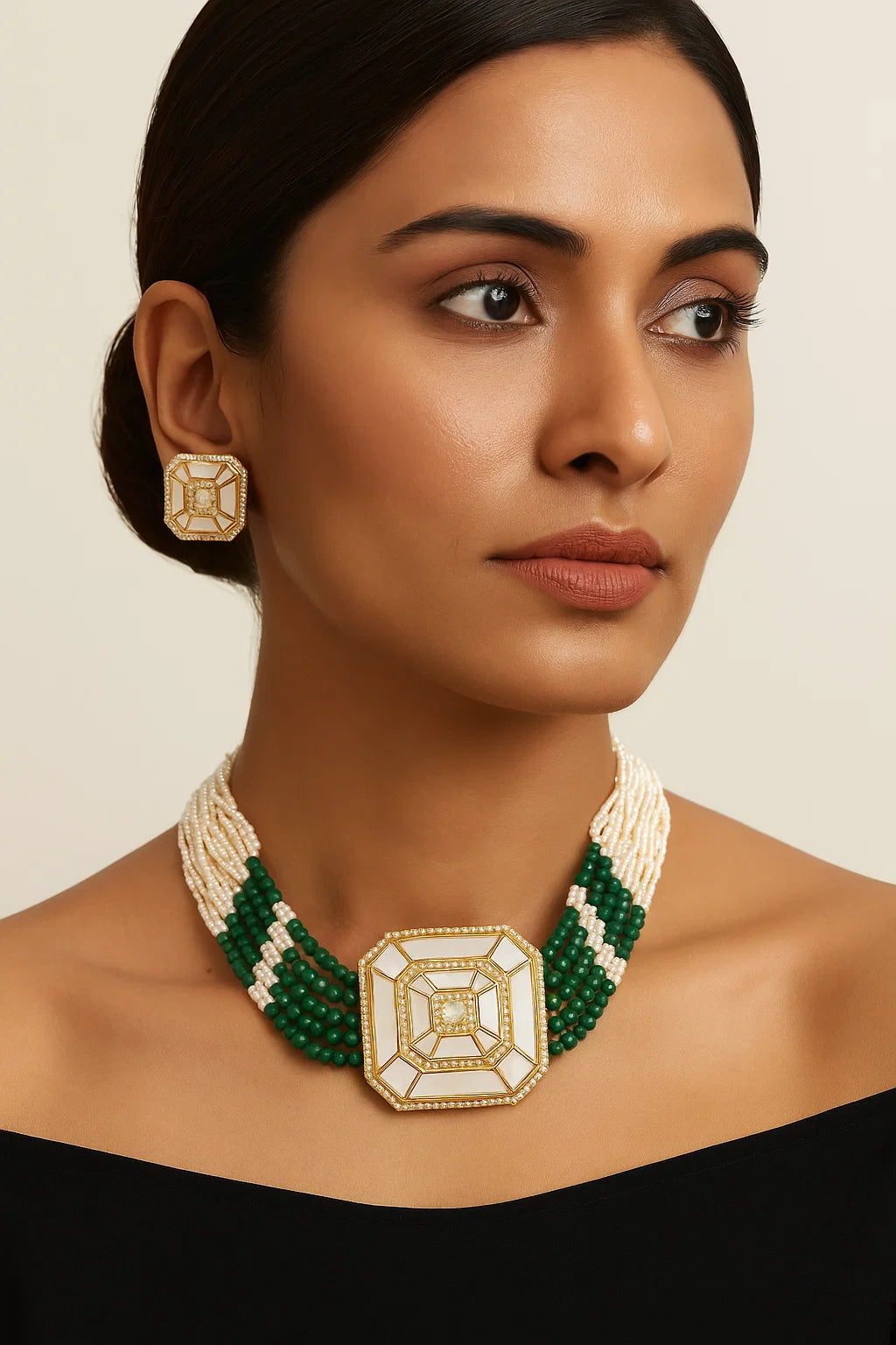 Statement Pearl & Green Beaded Choker with Geometric Kundan Pendant Gold Finish