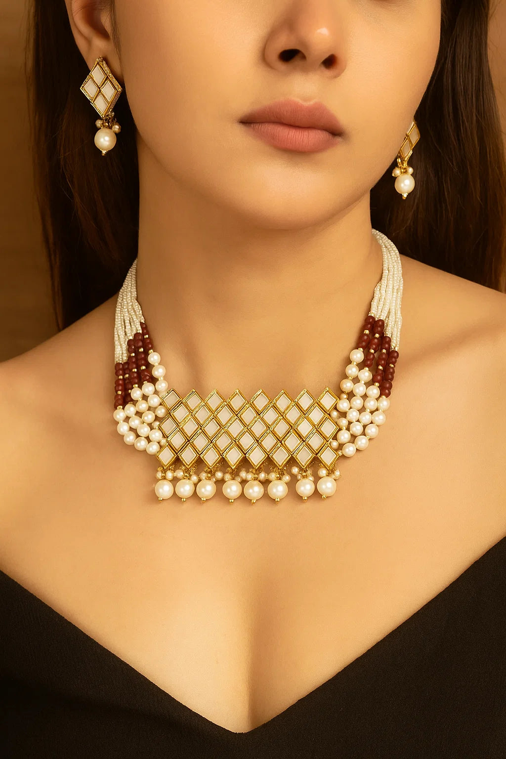 Pearl & Maroon Beaded Kundan Choker Necklace Set Gold Finish