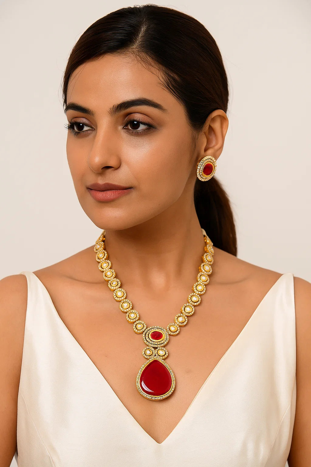 Red  Stone Kundan Necklace Set with Earrings – Gold Finish