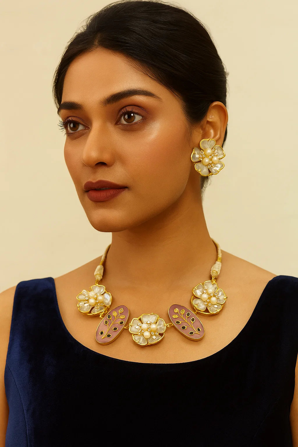 Pastel Floral Pearl Necklace Set with Enamel Detailing Gold Finish