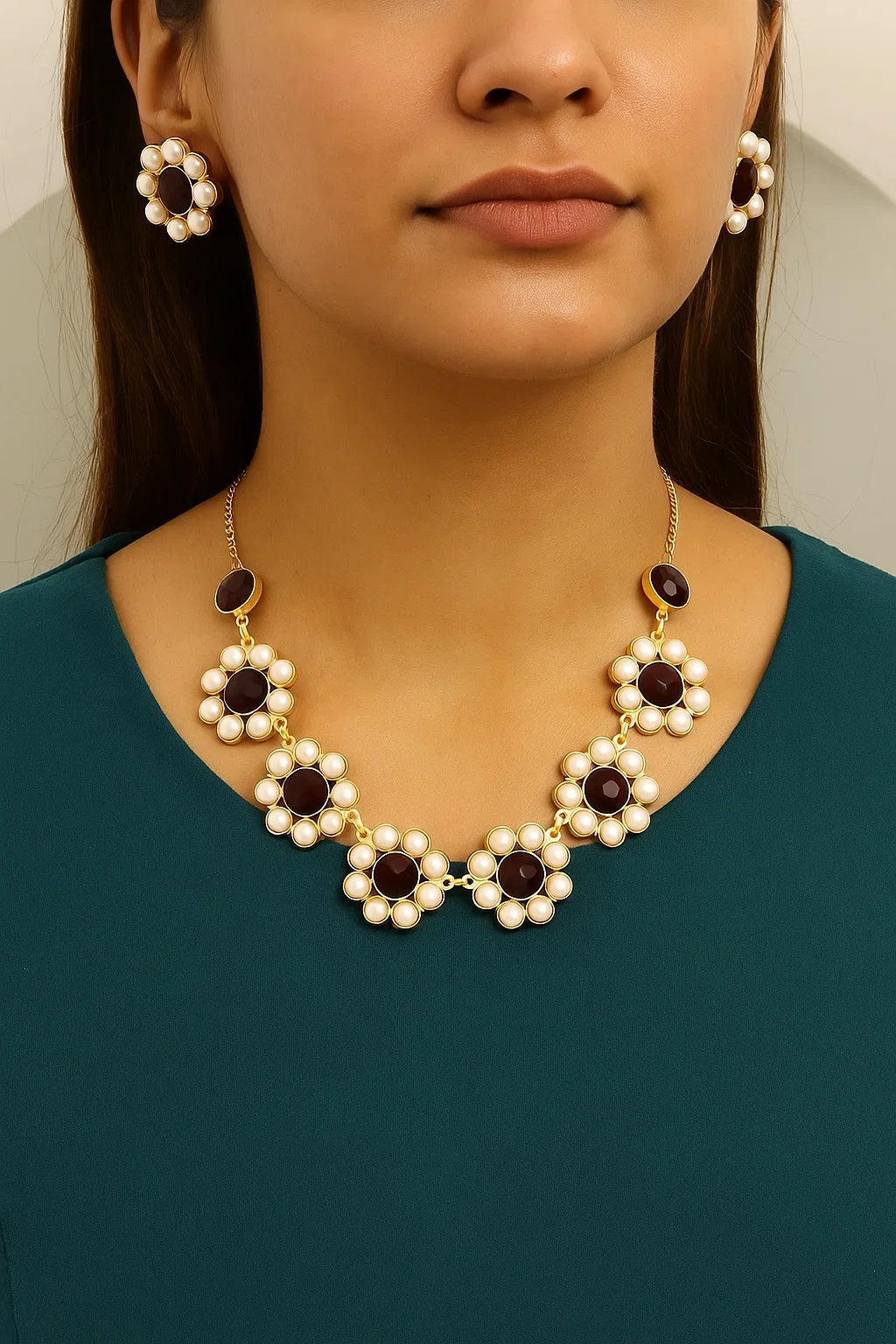 Maroon Stone Floral Pearl Necklace Set with Earrings Gold Finish