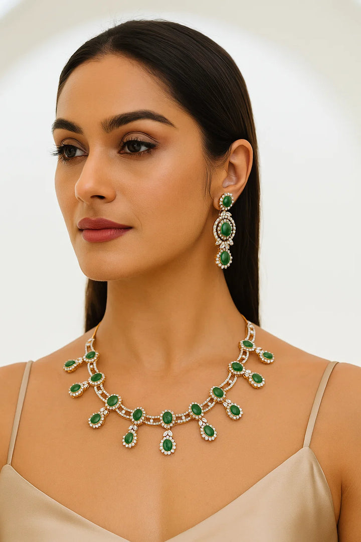 Emerald Green Stone Necklace Set with Diamond Finish Gold Base