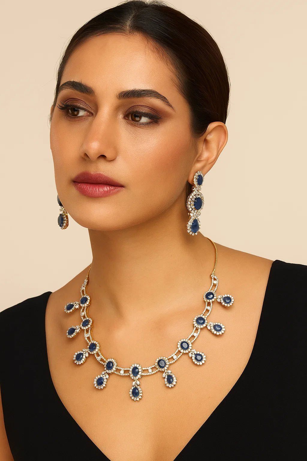 Royal Blue Stone Necklace Set with Diamond Finish Gold Base