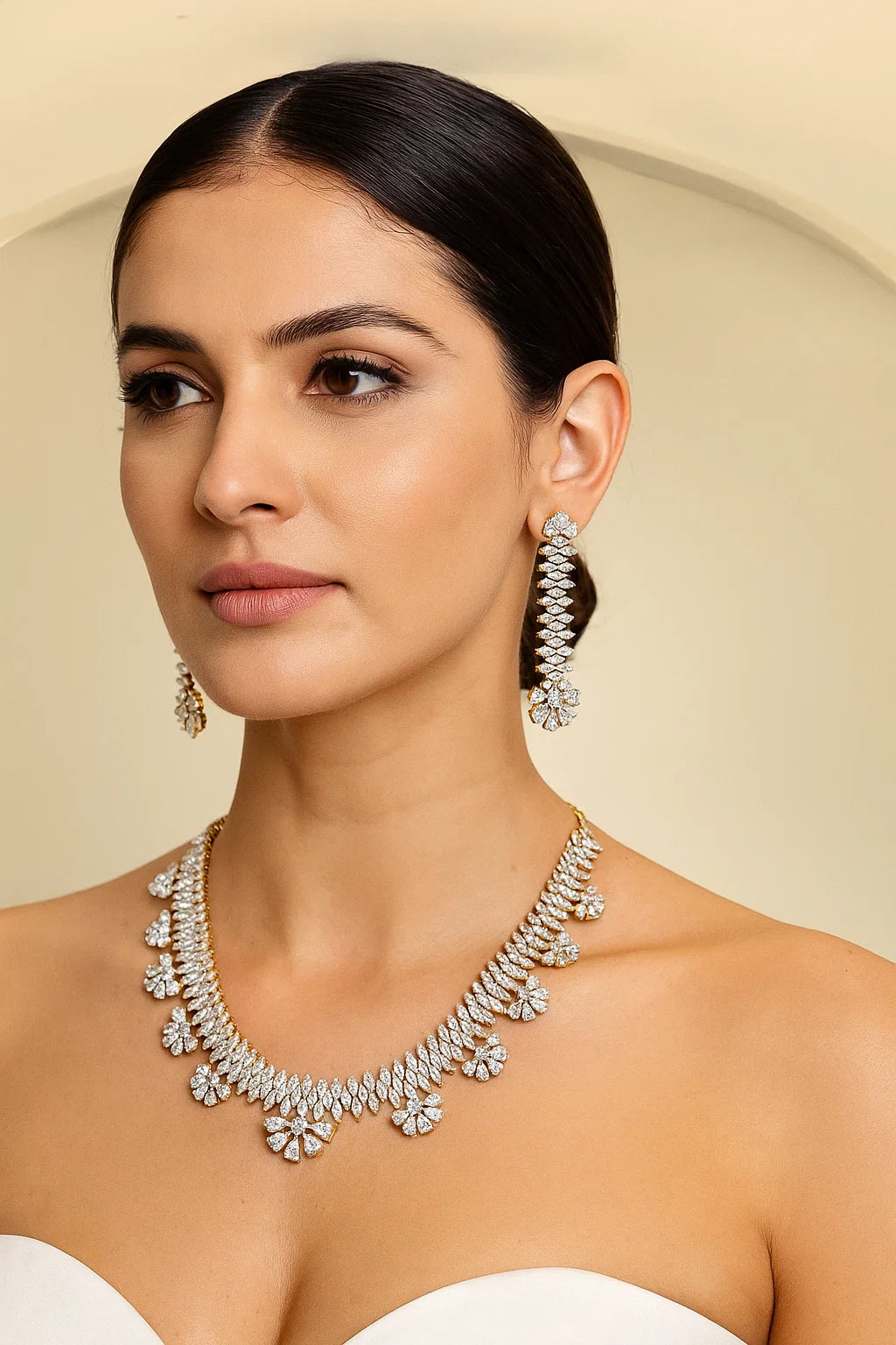 Elegant Diamond Cut Necklace Set with Long Earrings Silver Finish
