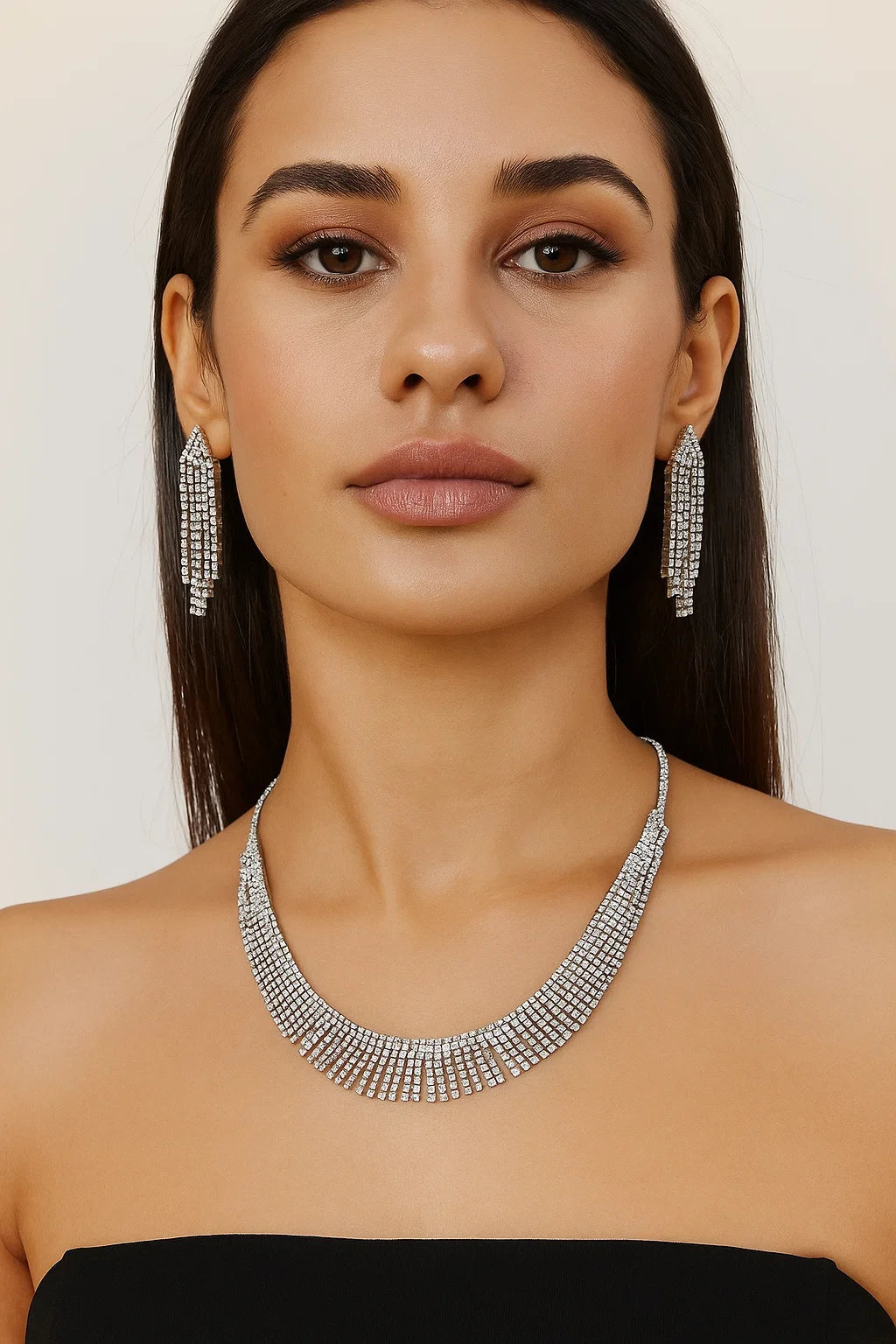 Sparkling Silver Diamond Necklace Set with Tassel Earrings