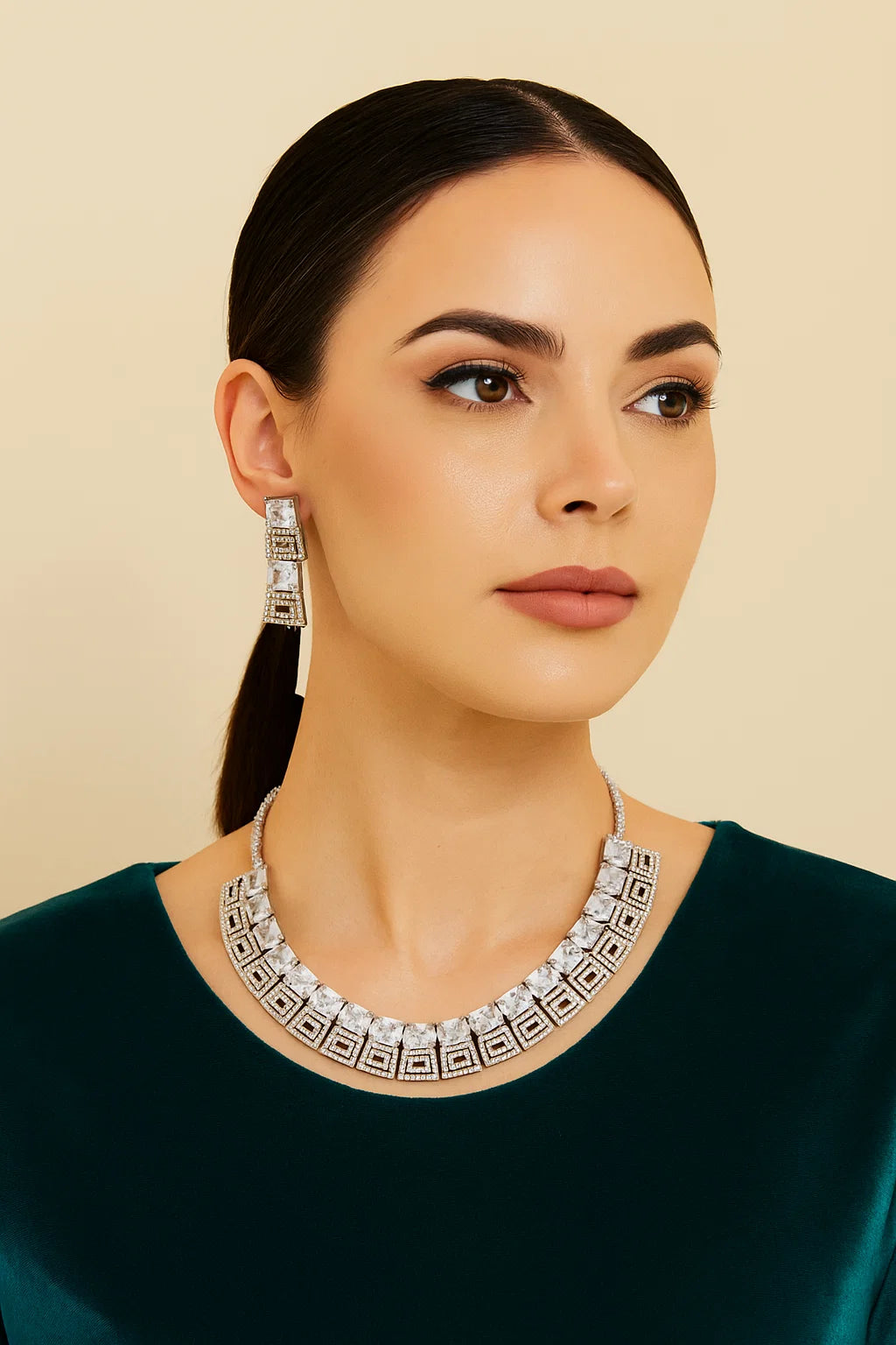 Square-Cut Diamond Necklace Set with Matching Earrings Silver Finish