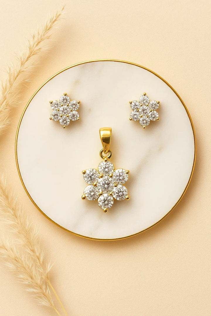 Floral Diamond Pendant Set with Earrings Elegant CZ Cluster Design in Gold Finish