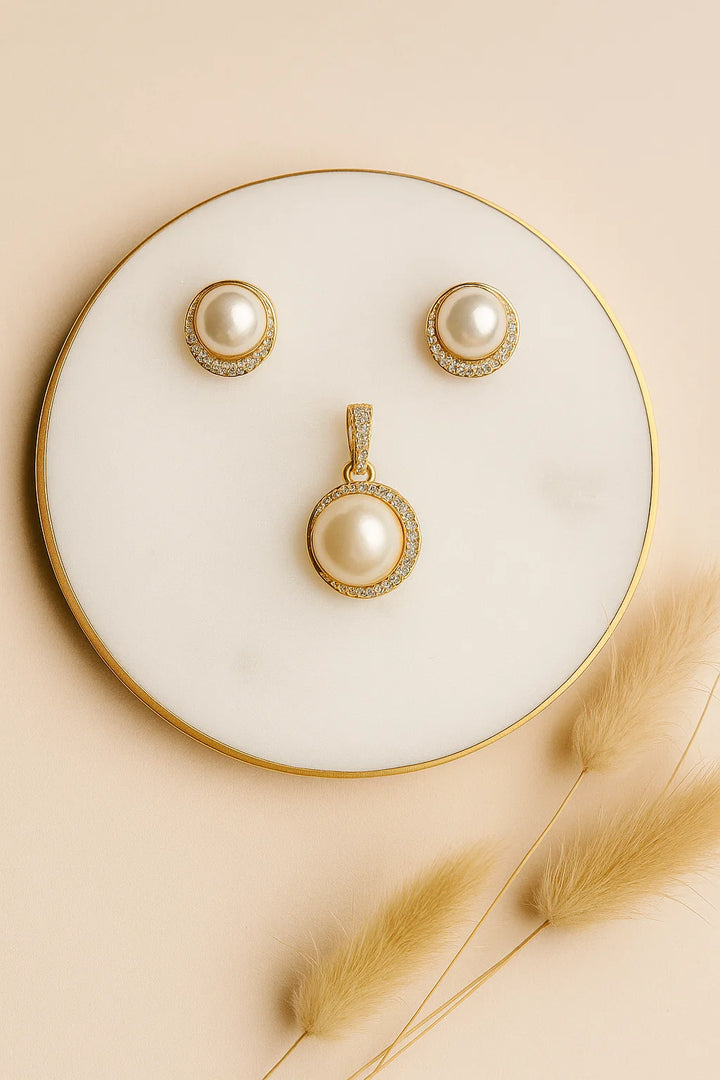 Elegant Pearl Pendant Set with CZ Accents Silver Finish Classic Design