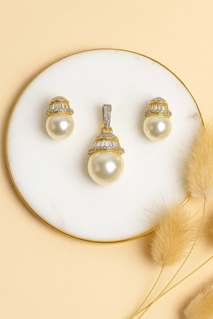 Royal Pearl Drop Pendant Set with CZ Detailing Two Tone Gold & Silver Finish