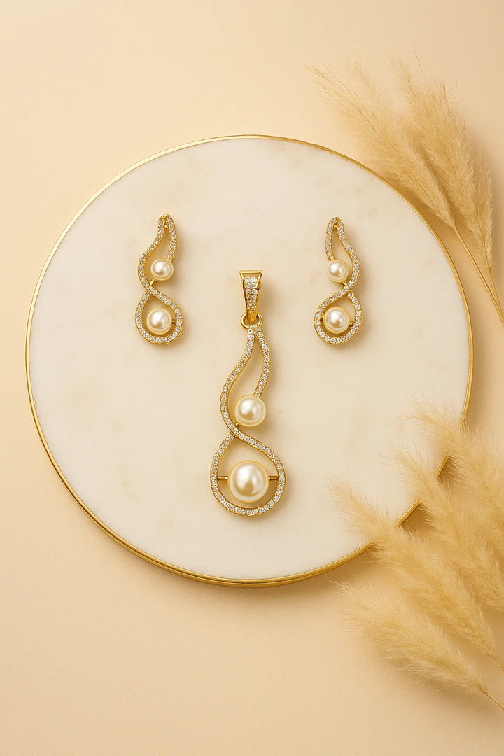 Elegant Pearl & CZ Pendant Set Silver Finish Twisted Infinity Design