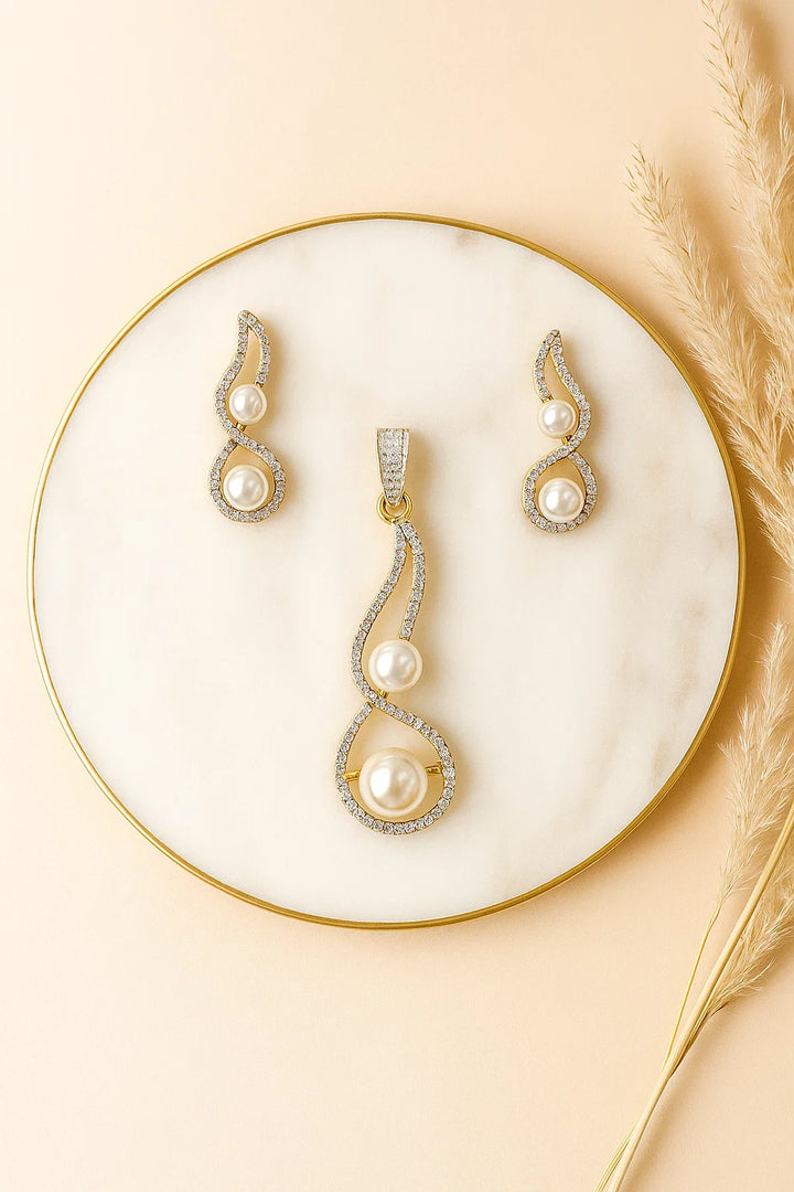 Premium Pearl & CZ Pendant Set Dual Tone Infinity Design in Gold & Silver Finish