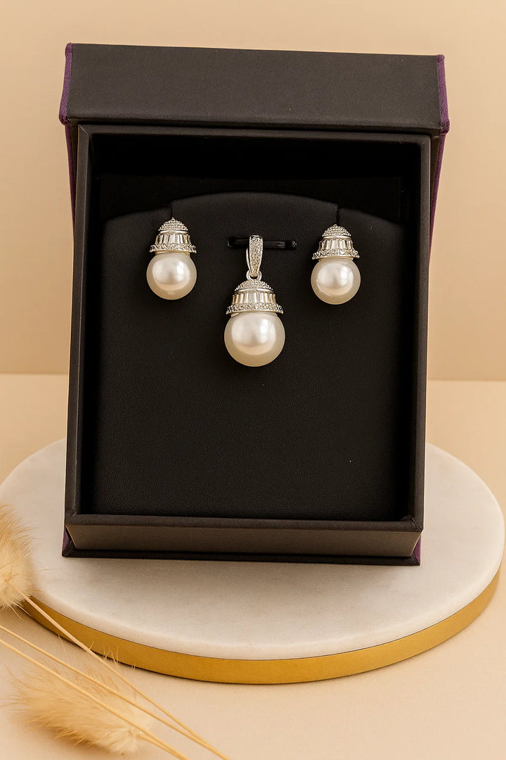 Classic Pearl Drop Pendant Set with CZ Detailing Silver Finish Elegance