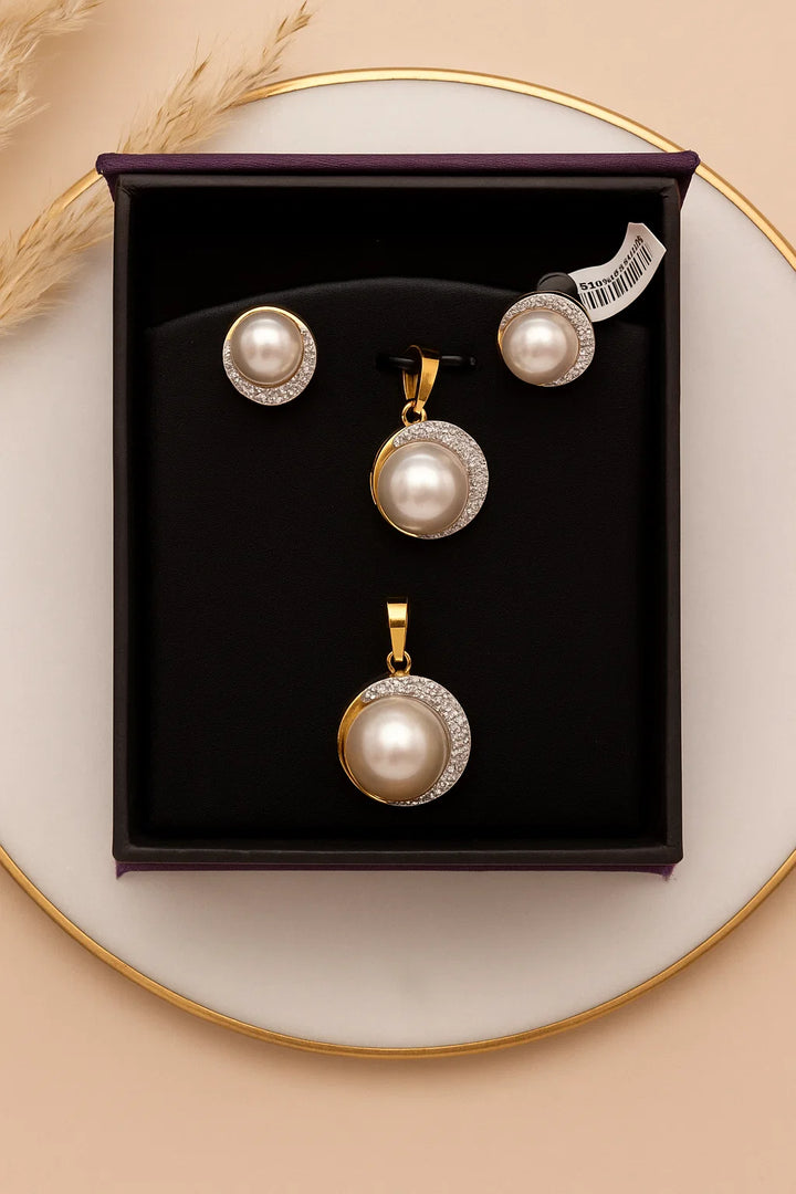 Elegant Pearl Pendant Set with CZ Halo Dual Tone Gold & Silver Finish
