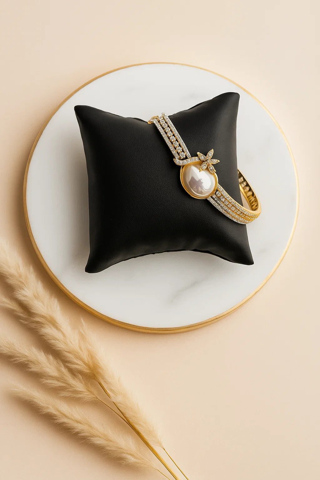 Elegant Pearl Bracelet with CZ Detailing Gold Finish Floral Design