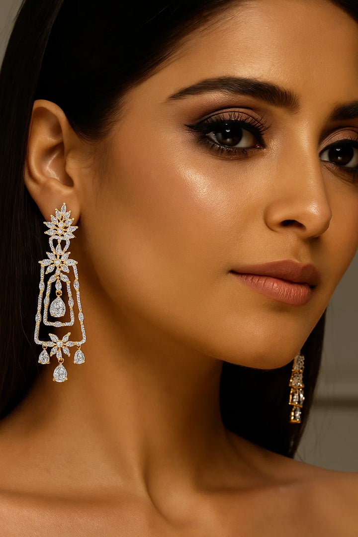 Designer CZ Dangler Earrings Floral Diamond Look in Dual Tone Finish
