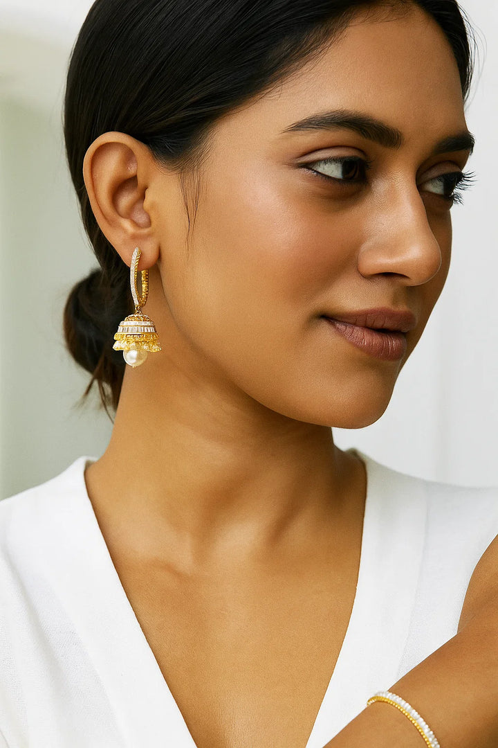 Dual Tone CZ Jhumka Earrings Gold & Silver Finish Traditional Design