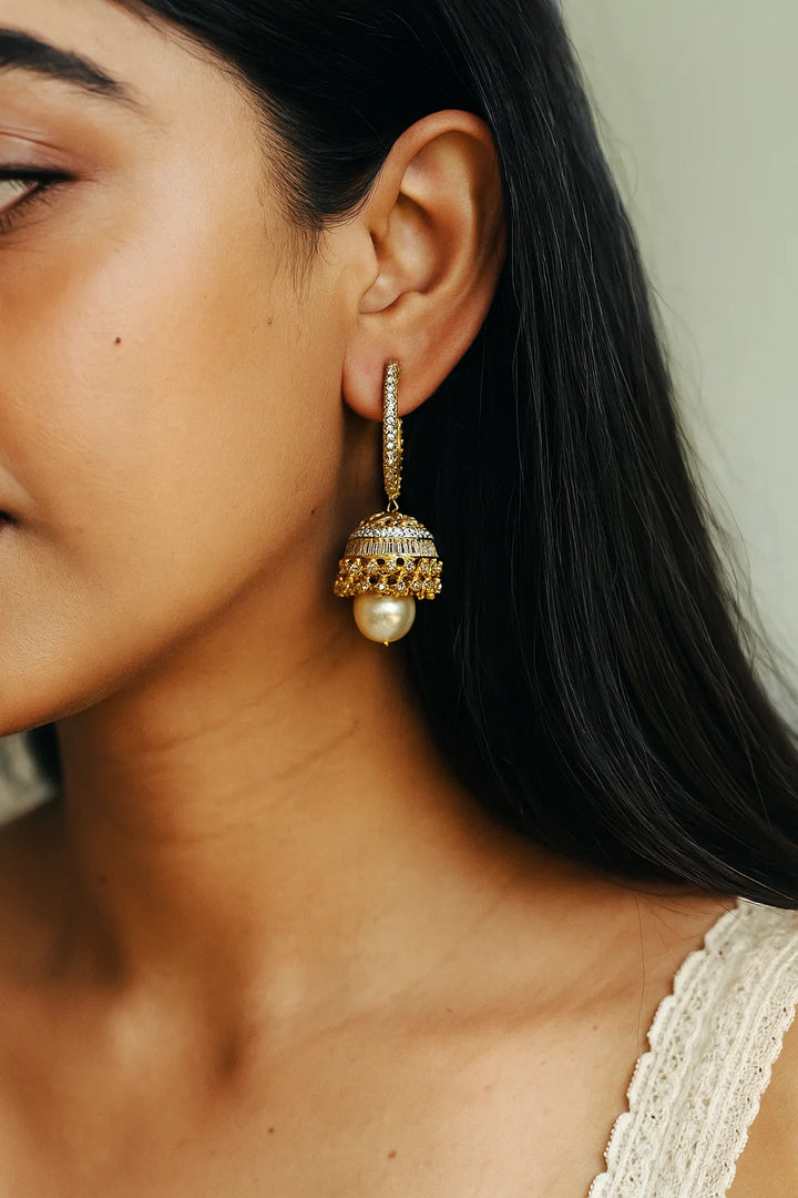 Dual Tone CZ Jhumka Earrings Gold & Silver Finish Traditional Design