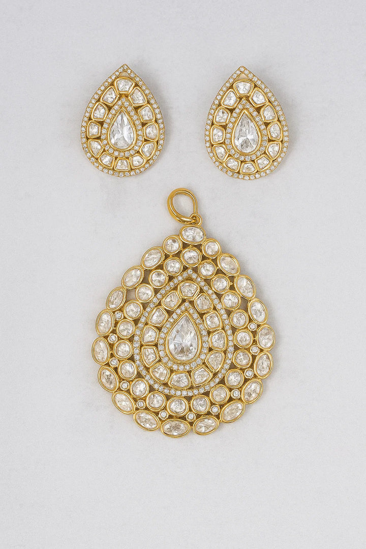 Royal Kundan Teardrop Pendant Set Premium Polki Diamond Look in Gold Finish