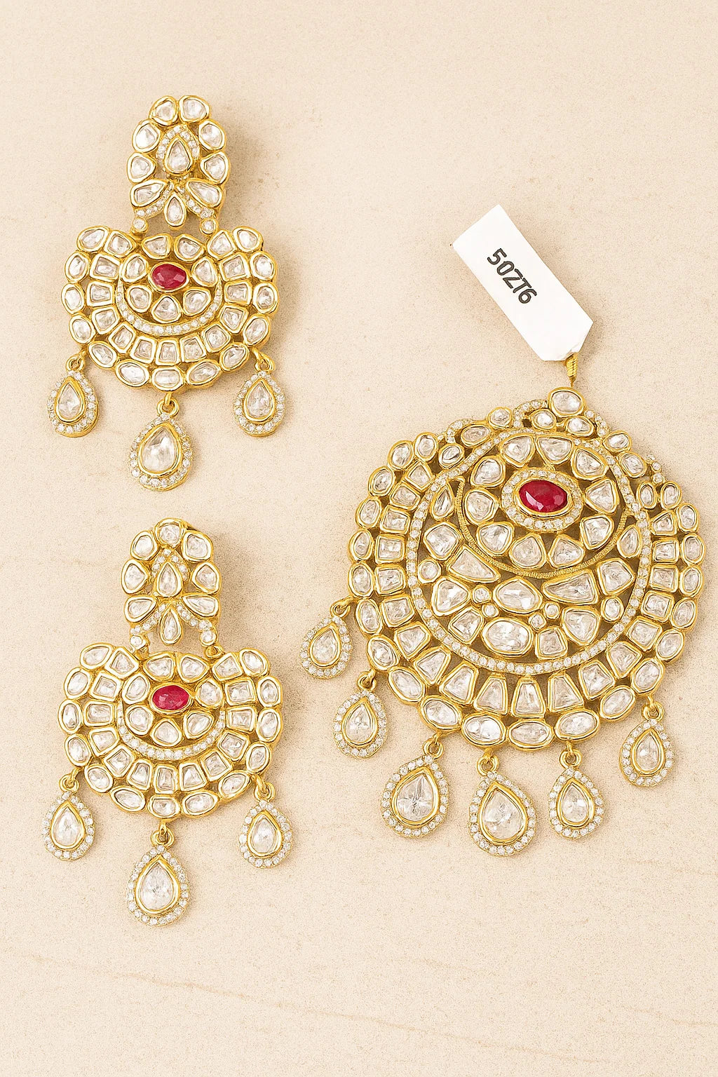 Grand Kundan Polki Pendant Set Ruby Centerpiece in Gold Finish