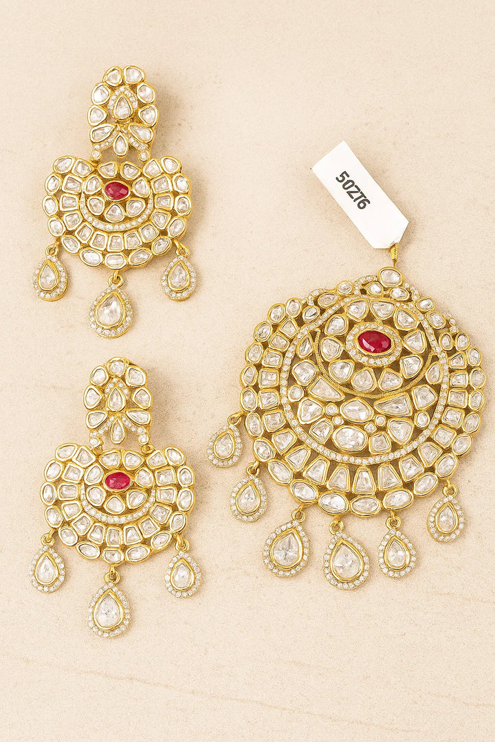 Grand Kundan Polki Pendant Set Ruby Centerpiece in Gold Finish