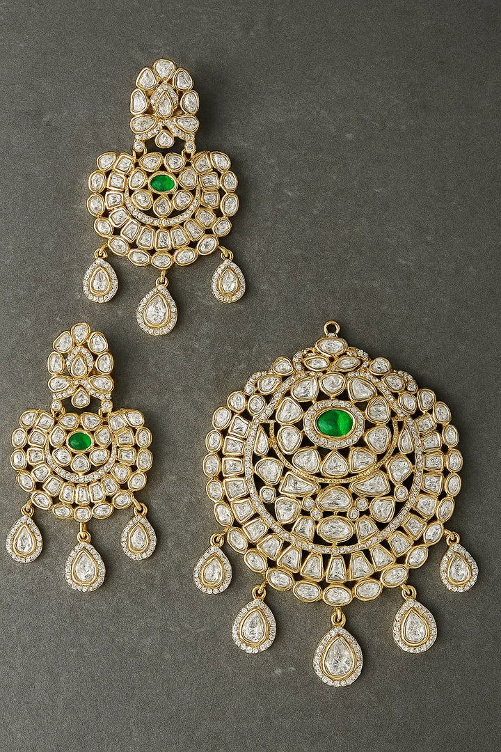 Royal Kundan Polki Pendant Set Emerald Green Centerpiece with Gold Finish