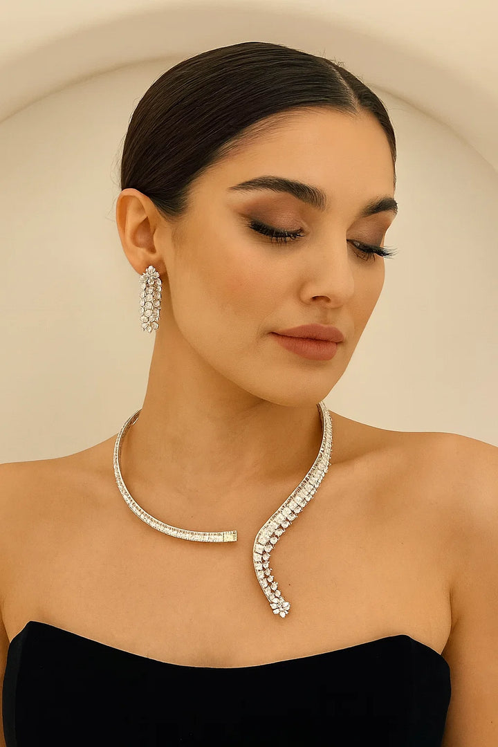 Elegant CZ Diamond Curved Necklace Set with Dangling Earrings Premium Party & Wedding Jewellery