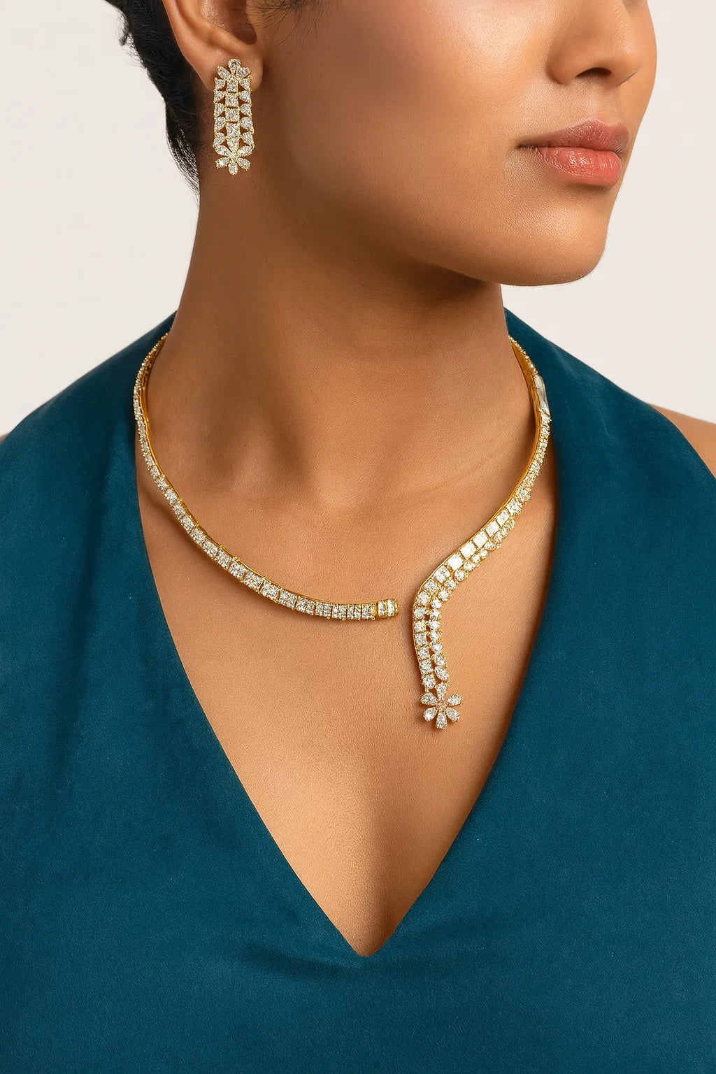 Premium Gold Finish CZ Diamond Curve Necklace Set with Matching Dangler Earrings