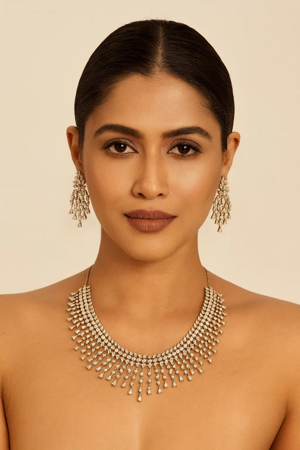 Grand CZ Diamond Waterfall Necklace Set with Matching Long Earrings Premium Party & Wedding Jewellery