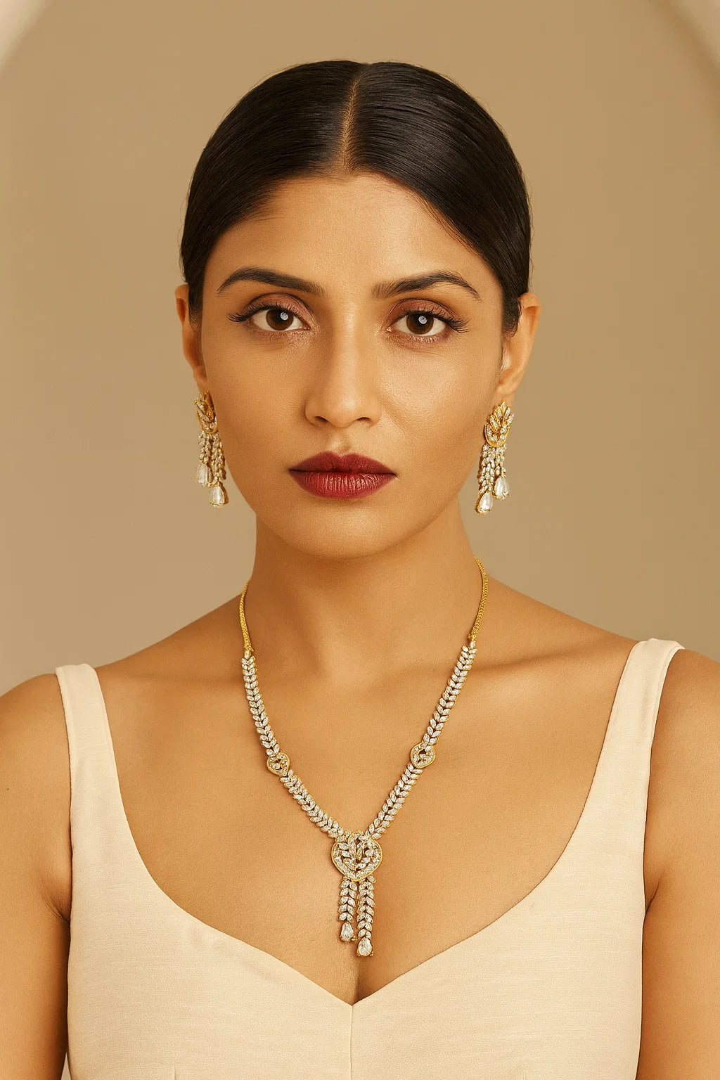 Gold Finish CZ Diamond Leaf Motif Necklace Set with Dangling Earrings Premium Party & Festive Jewellery
