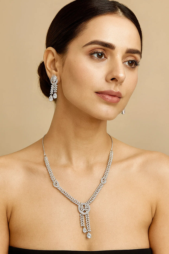 Silver Finish CZ Diamond Leaf Necklace Set with Designer Dangling Earrings Premium Party & Festive Jewellery