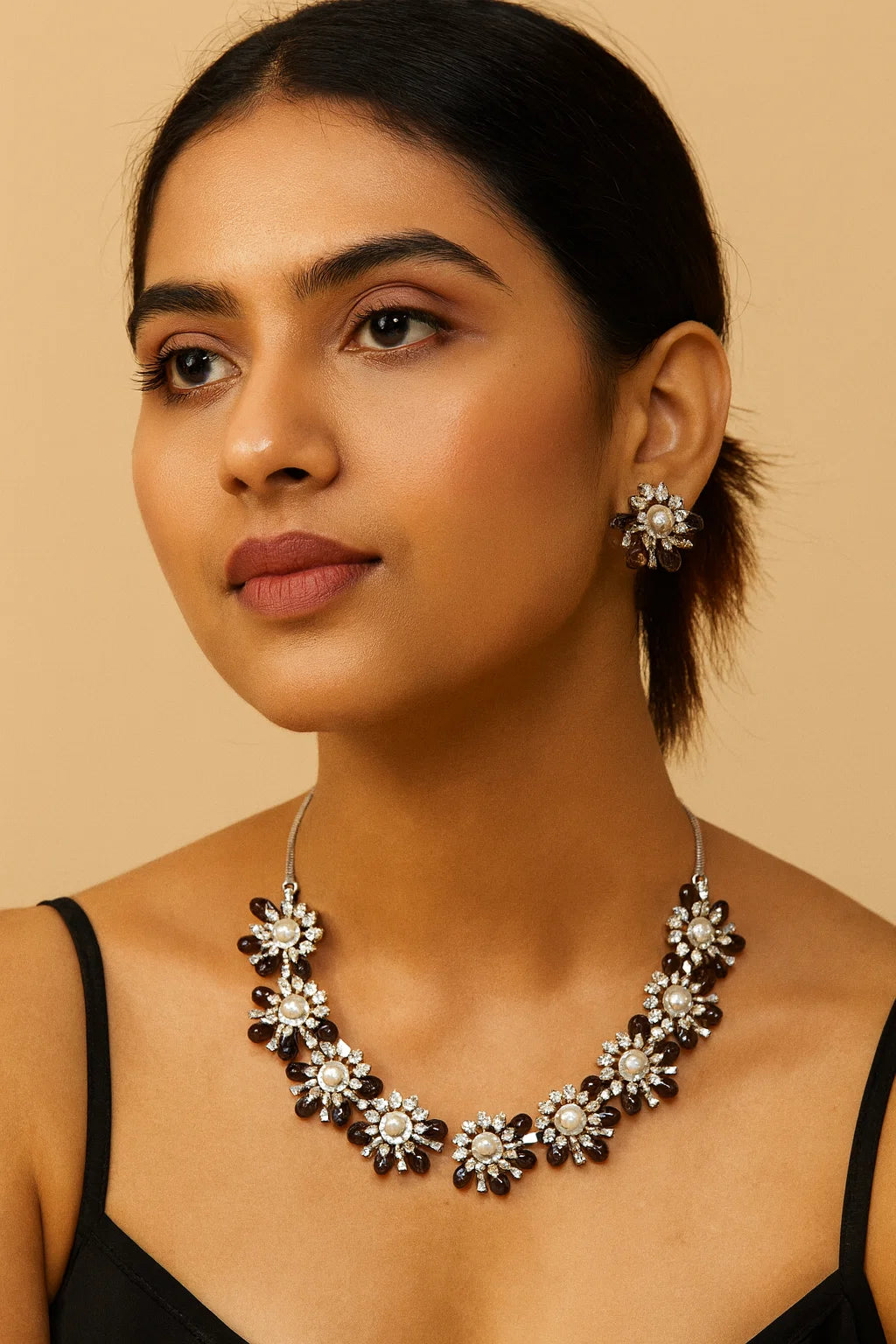 Floral Pearl & Maroon Bead Necklace Set Elegant Party & Festive Jewellery with Matching Stud Earrings