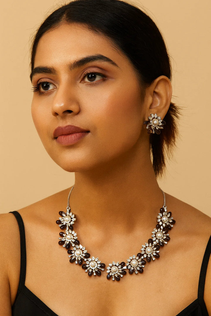 Floral Pearl & Maroon Bead Necklace Set Elegant Party & Festive Jewellery with Matching Stud Earrings