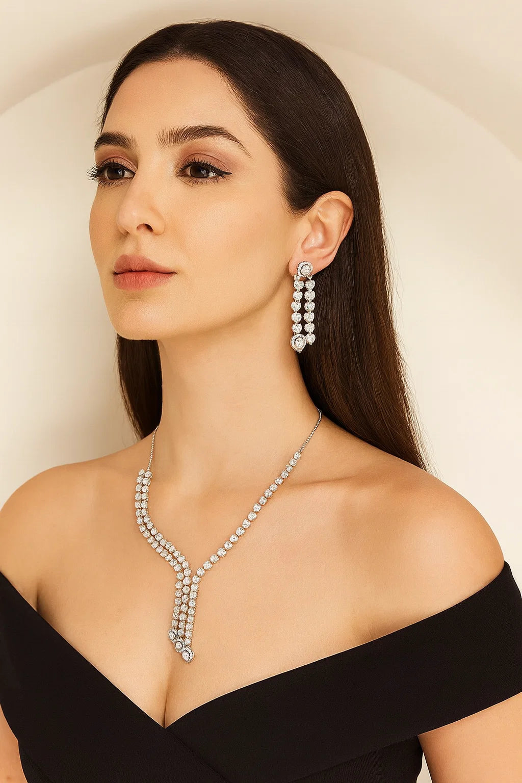 Elegant Heart Shape CZ Diamond Necklace Set with Long Dangler Earrings Premium Party & Wedding Jewellery