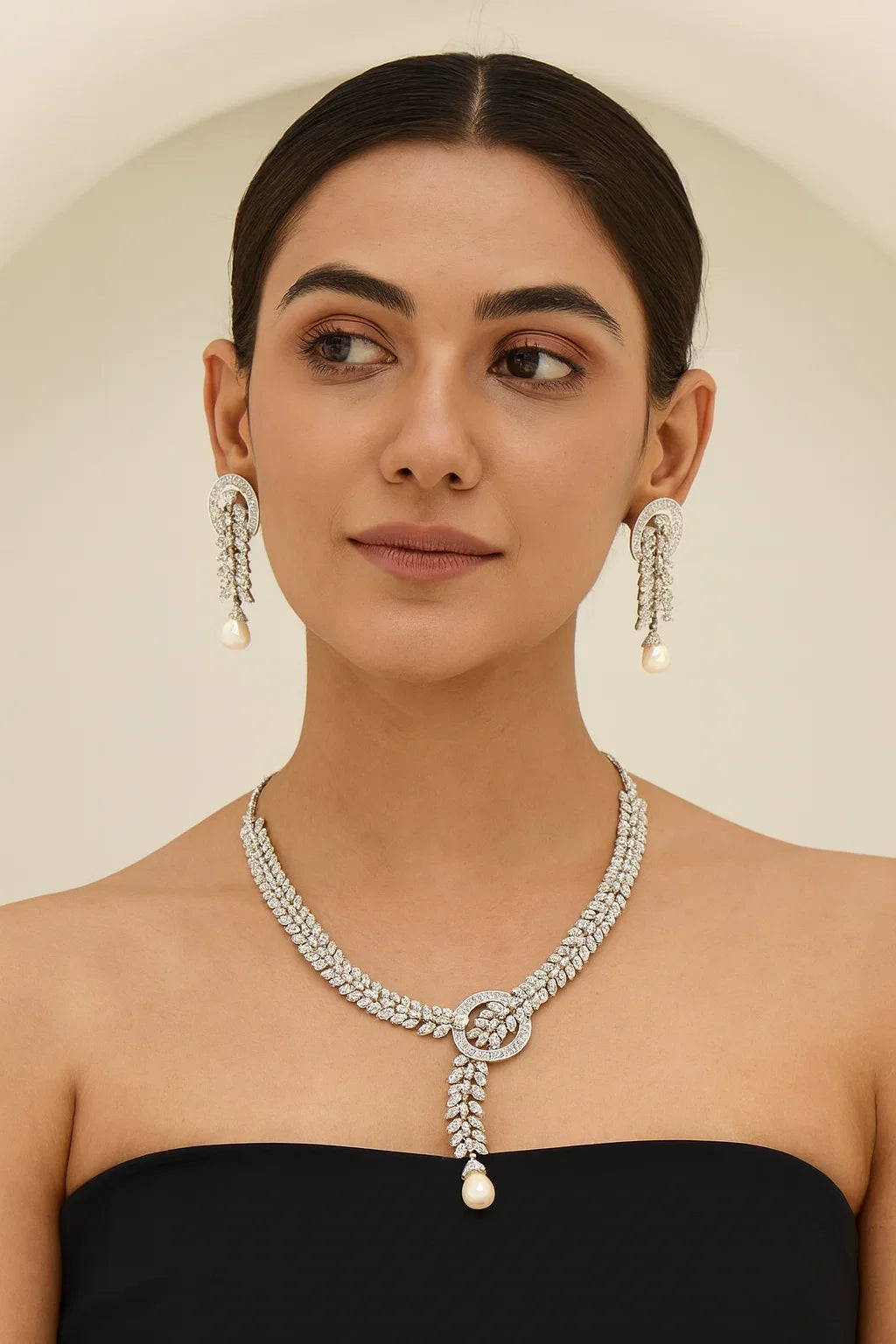 Silver Finish CZ Diamond Leaf Necklace Set with Pearl Drops Premium Party & Wedding Jewellery