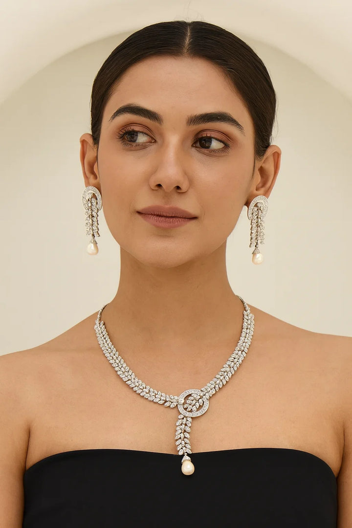 Silver Finish CZ Diamond Leaf Necklace Set with Pearl Drops Premium Party & Wedding Jewellery