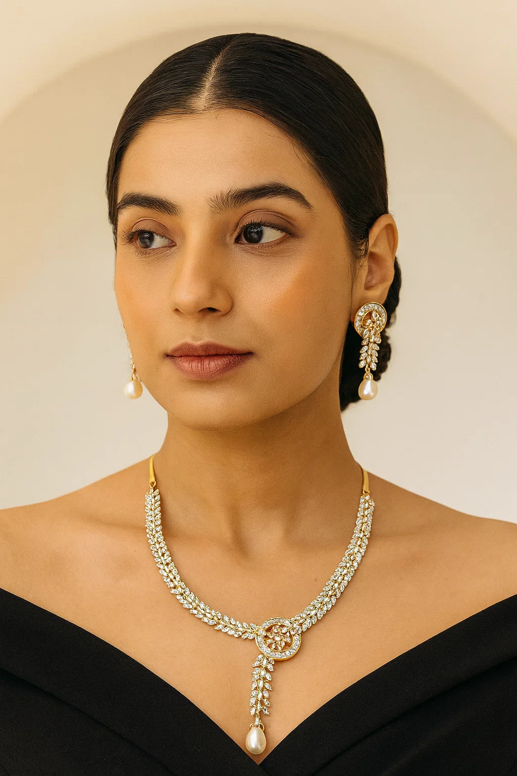 Gold Finish CZ Diamond Leaf Necklace Set with Pearl Drop Luxury Party & Wedding Jewellery