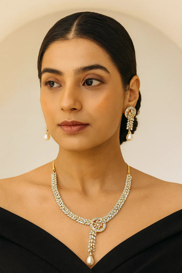 Gold Finish CZ Diamond Leaf Necklace Set with Pearl Drop Luxury Party & Wedding Jewellery