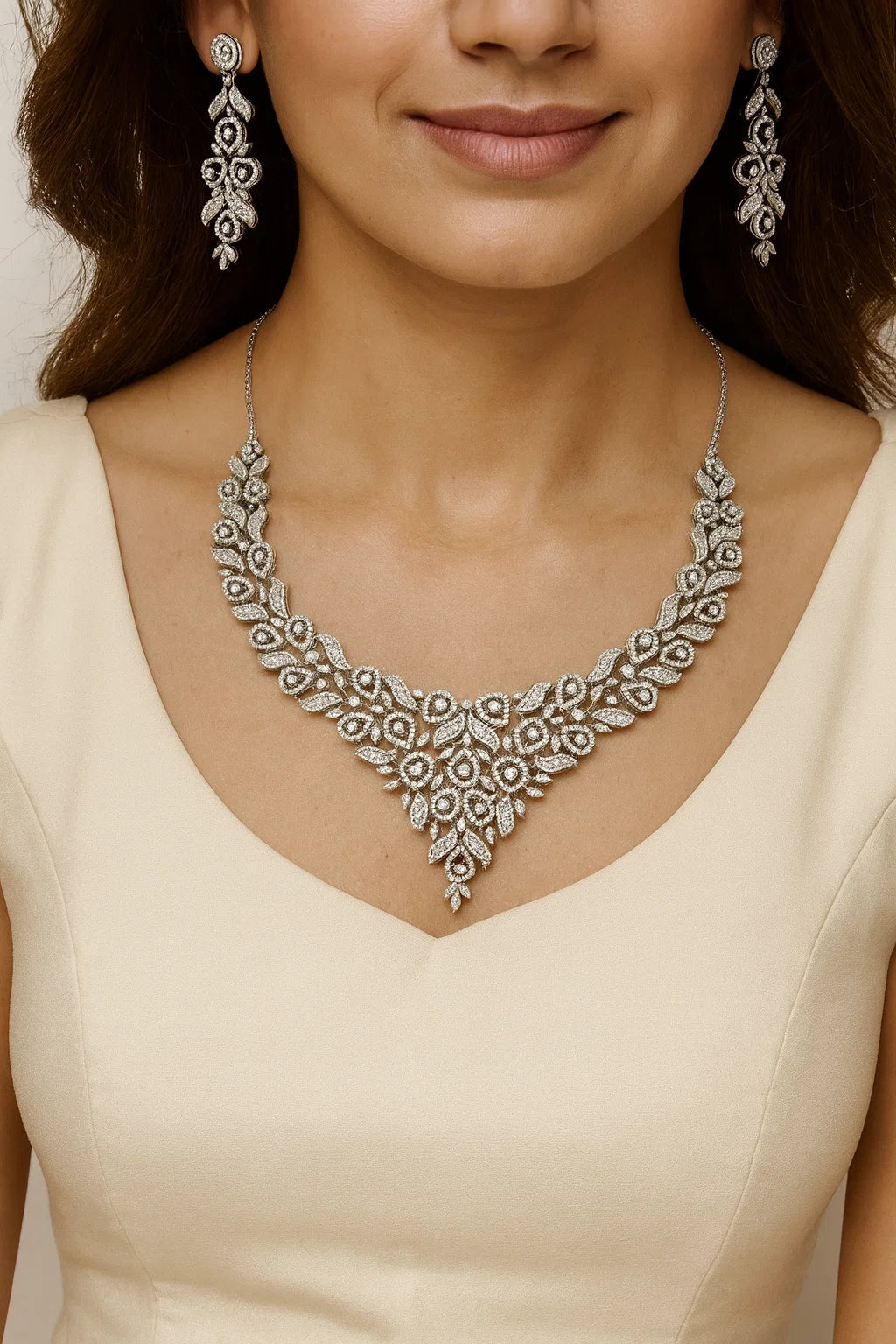 Silver Finish CZ Diamond Leaf Motif Necklace Set Premium Party & Wedding Jewellery