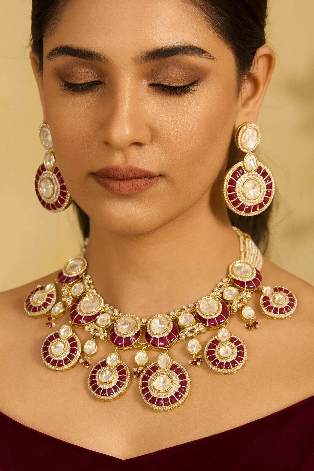 Bridal Kundan Necklace Set with Maroon Enamel Grand Wedding & Festive Jewellery