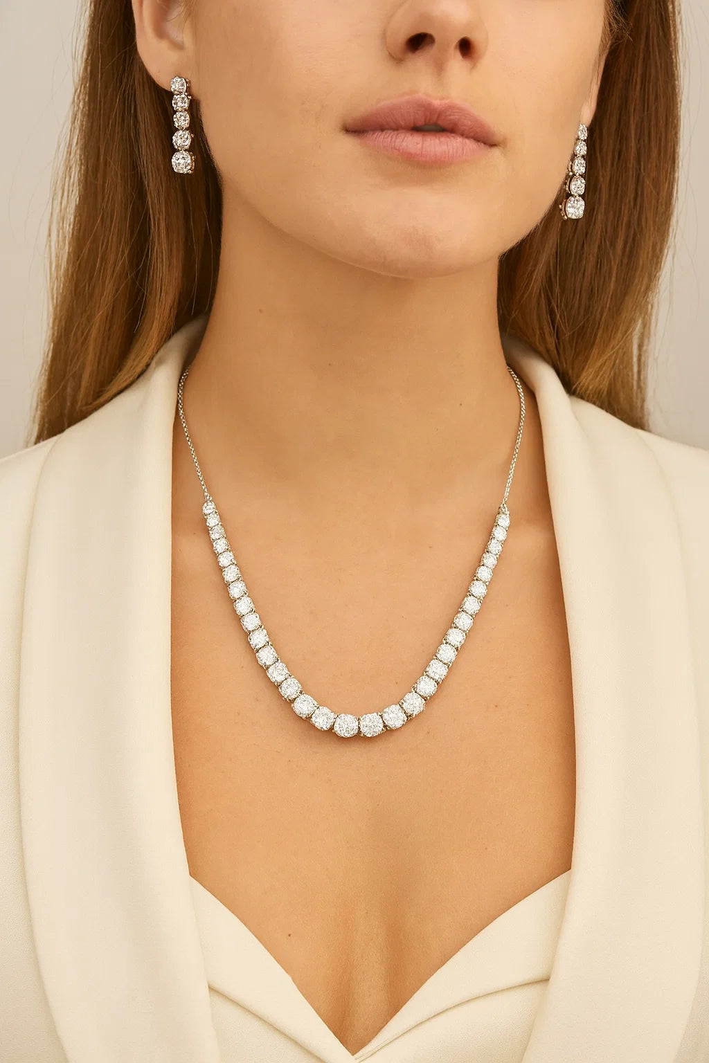 Classic Single Line CZ Diamond Necklace Set with Matching Dangling Earrings