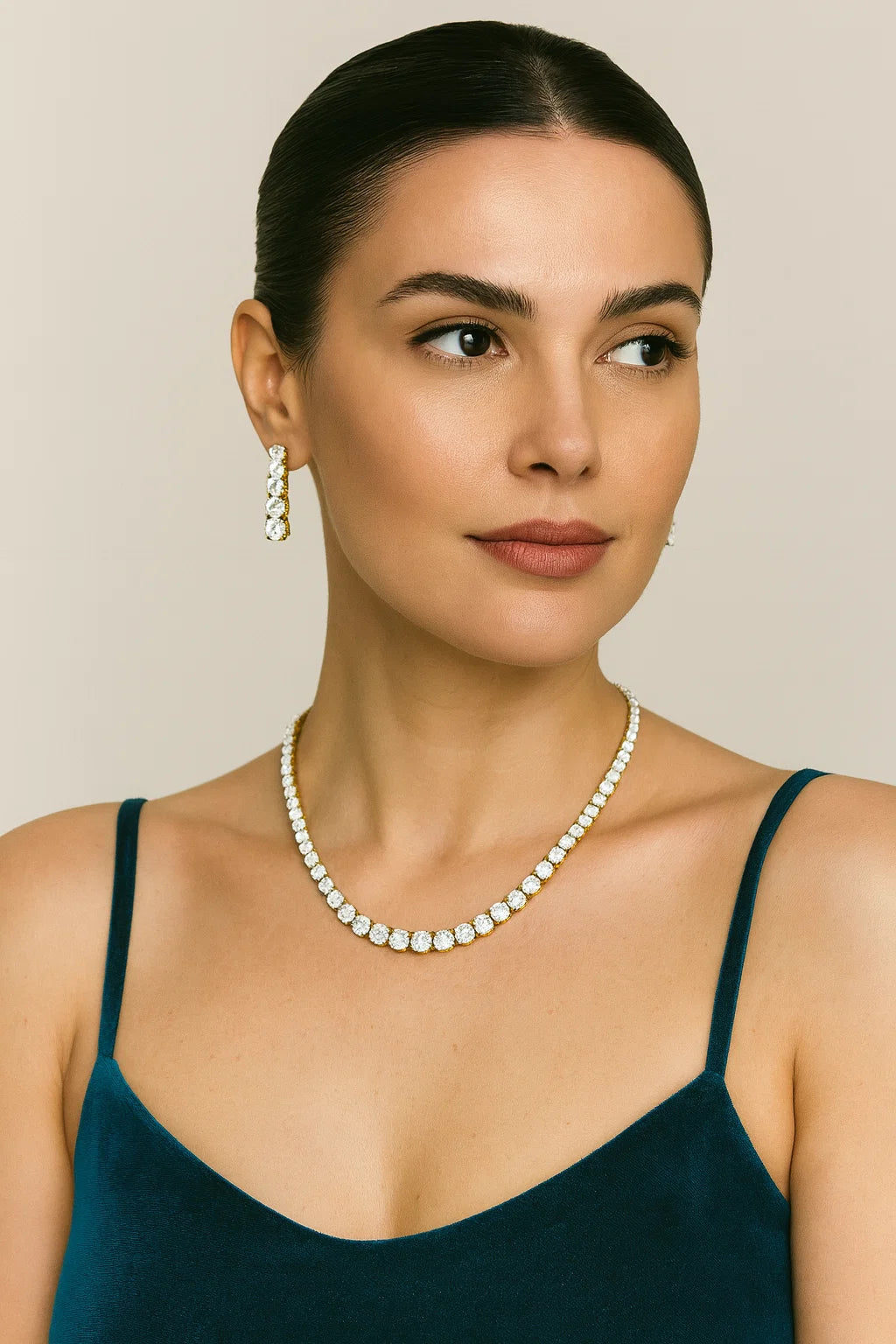 Golden Single Line CZ Diamond Necklace Set with Long Dangling Earrings