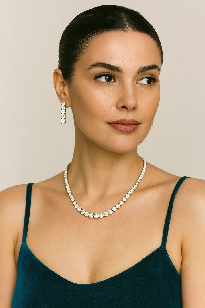 Golden Single Line CZ Diamond Necklace Set with Long Dangling Earrings