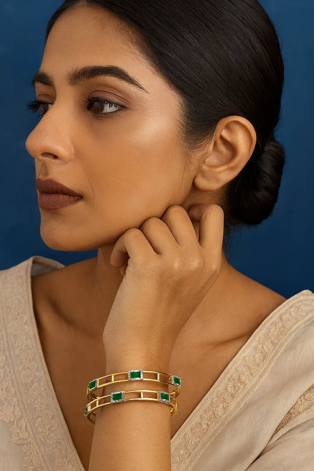 Emerald Green Stone Gold-Plated Openwork Designer Bangles