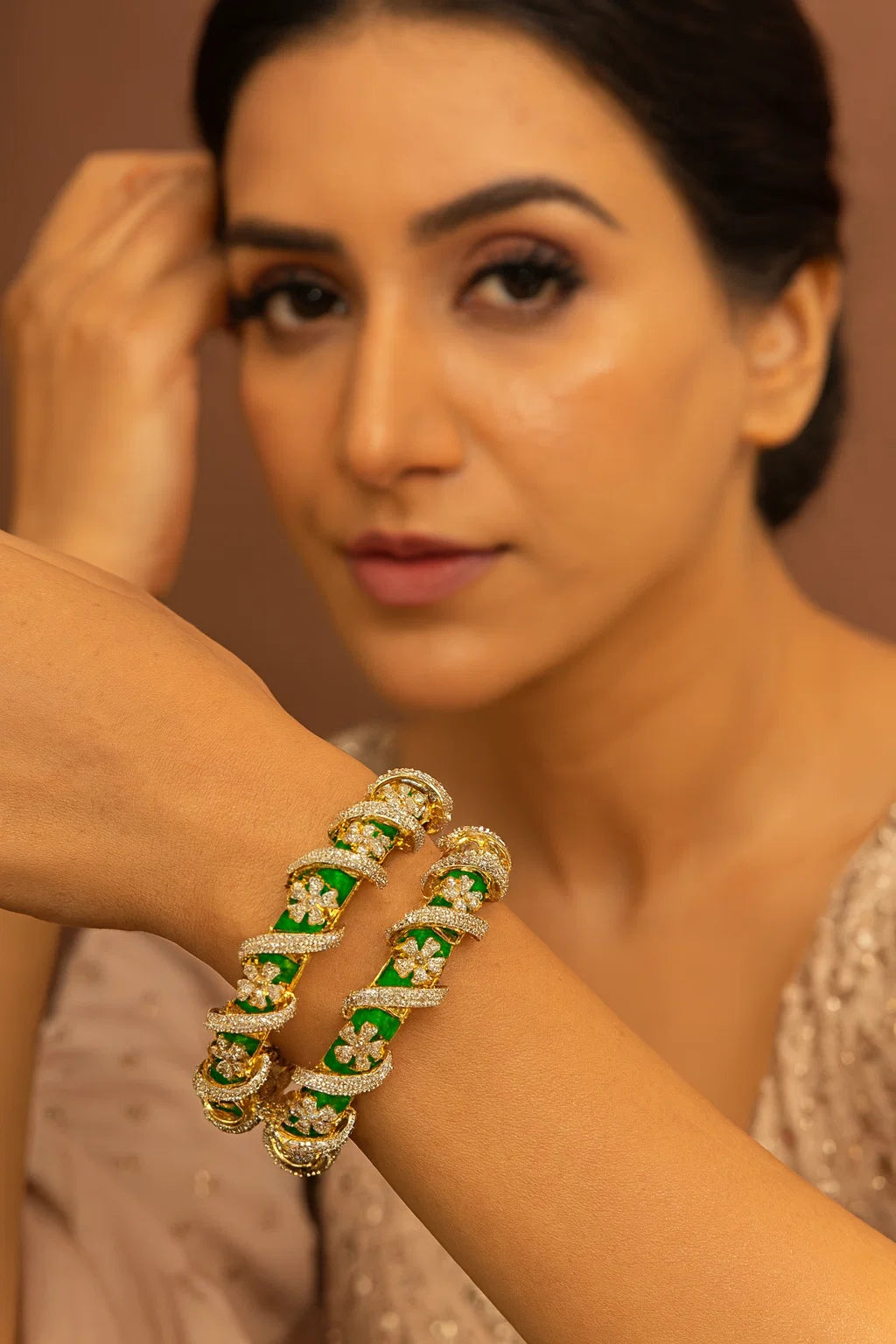 Emerald Green Floral CZ Diamond Gold Plated Heavy Designer Bangles
