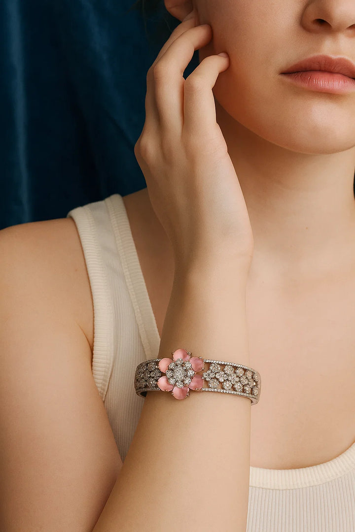 Pink Floral CZ Openable Bracelet Gold Finish | Sizes 2.4 | 2.6 | 2.8