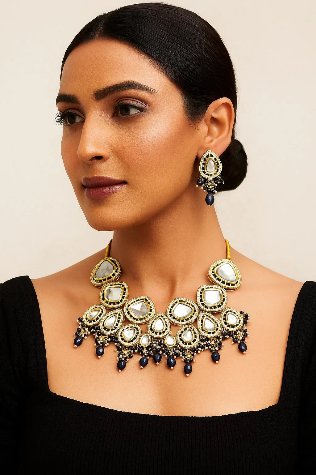 Indo Western Blue Beads Mirror Statement Necklace Set