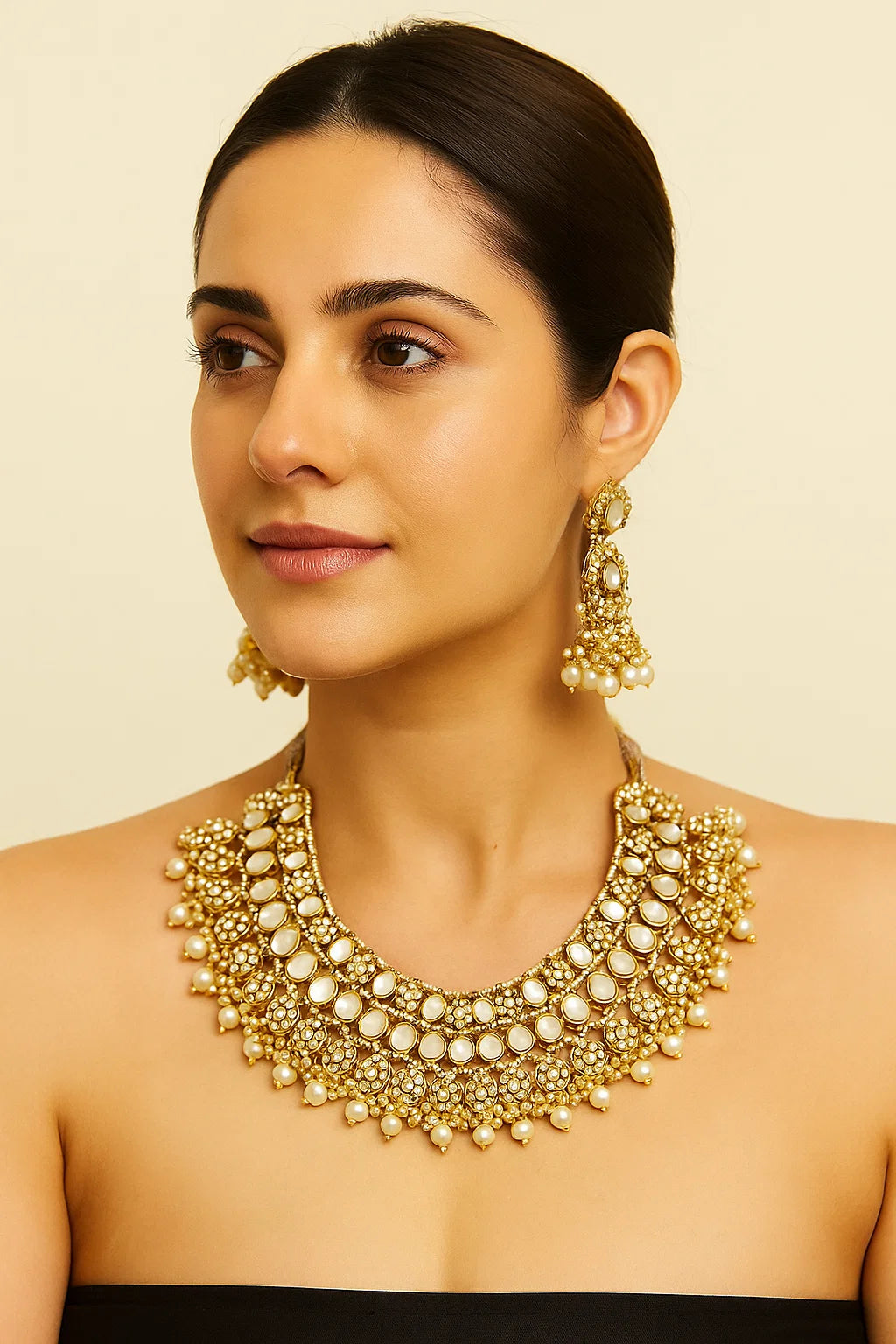 Indo-Western Off White Kundan Pearl Necklace Set with Earrings & Maangtika