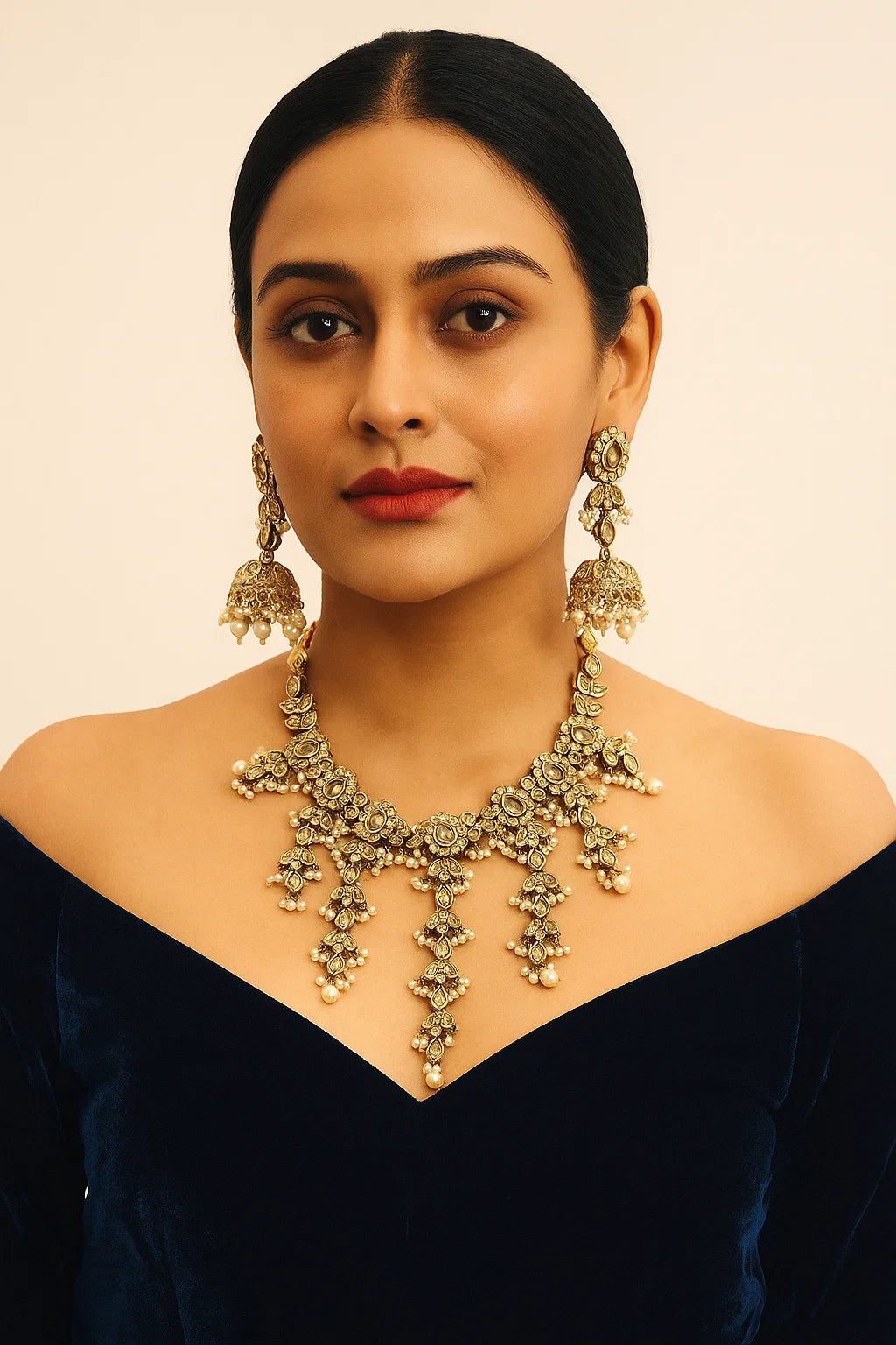 Indo-Western Long Drop Kundan Pearl Necklace Set with Earrings & Maangtika